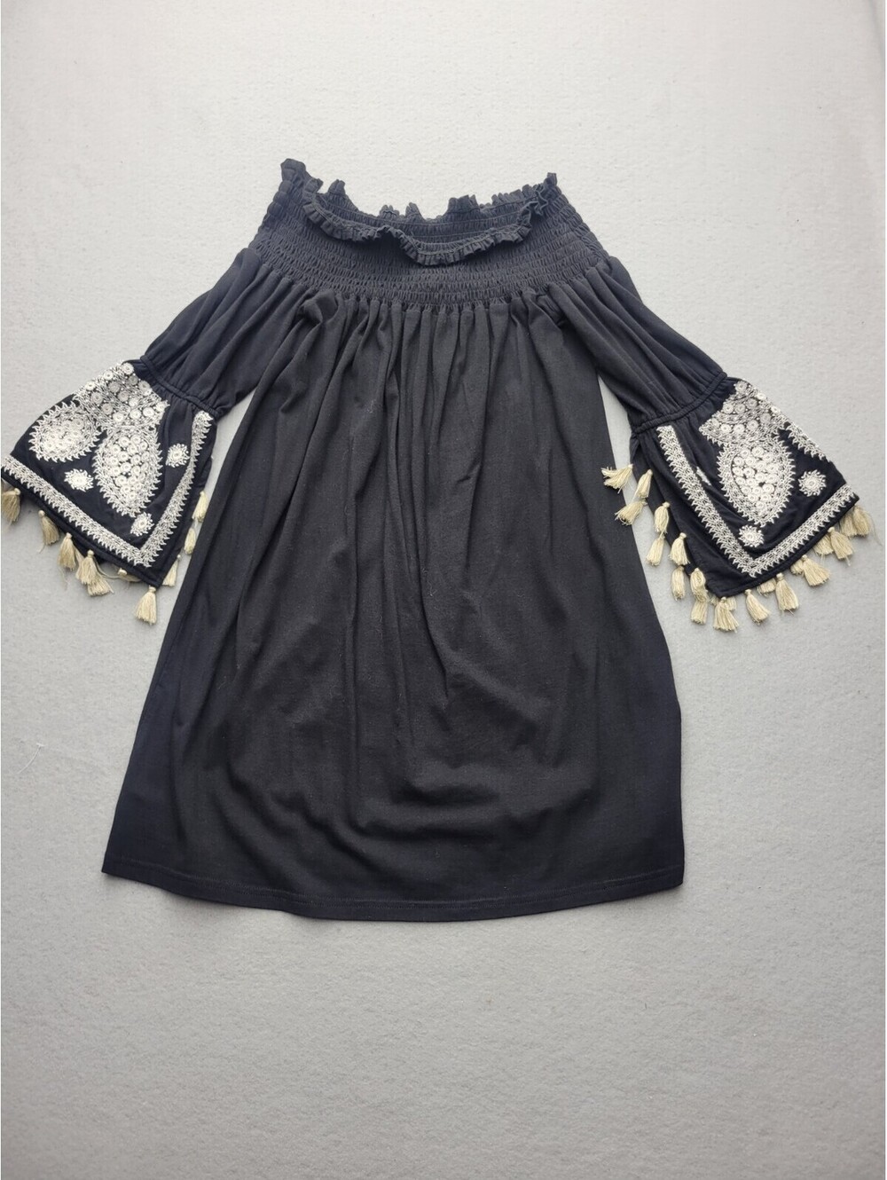 Va Va Women's Dress 3/4 Small Black Trapeze Mini Sleeve Solid Embroidery Cotton
